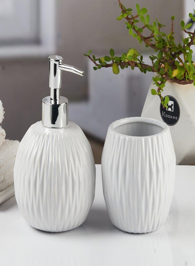 Kookee Ceramic Bathroom Set - Stylish 2 Piece Bath Accessories Kit with Soap Dispenser, Toothbrush Holder - Modern & Designer Decor for Home & Guest Bathrooms (11108) - Image 2